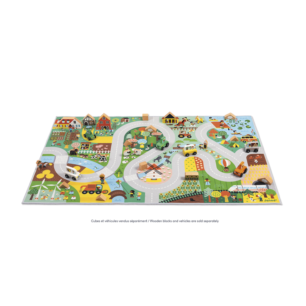 Crossroads Countryside Play Mat with winding roads, farm, forest, animals, and play vehicles for imaginative kids 2+.