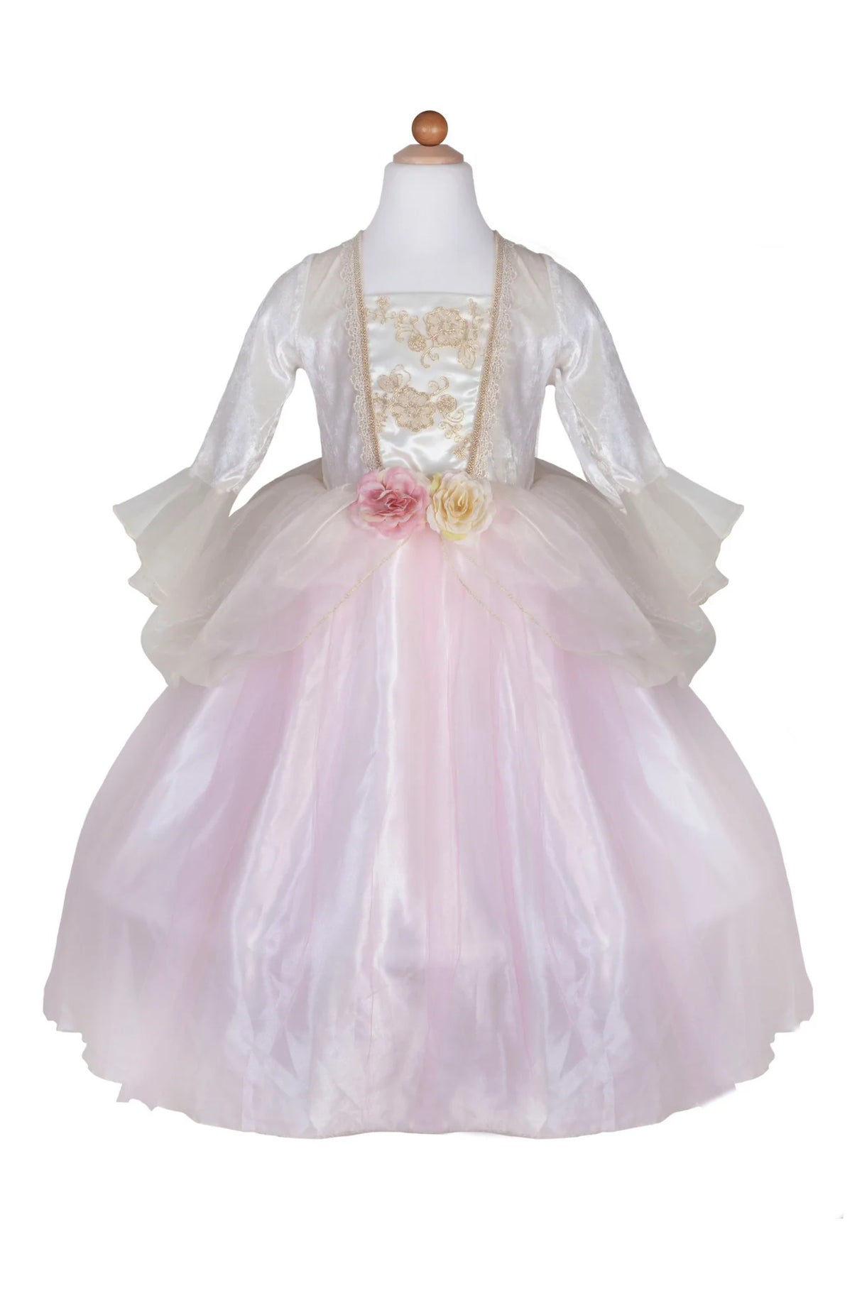 Golden Rose Princess Dress with silky pink skirt, floral waistband, and delicate lace bodice on mannequin.