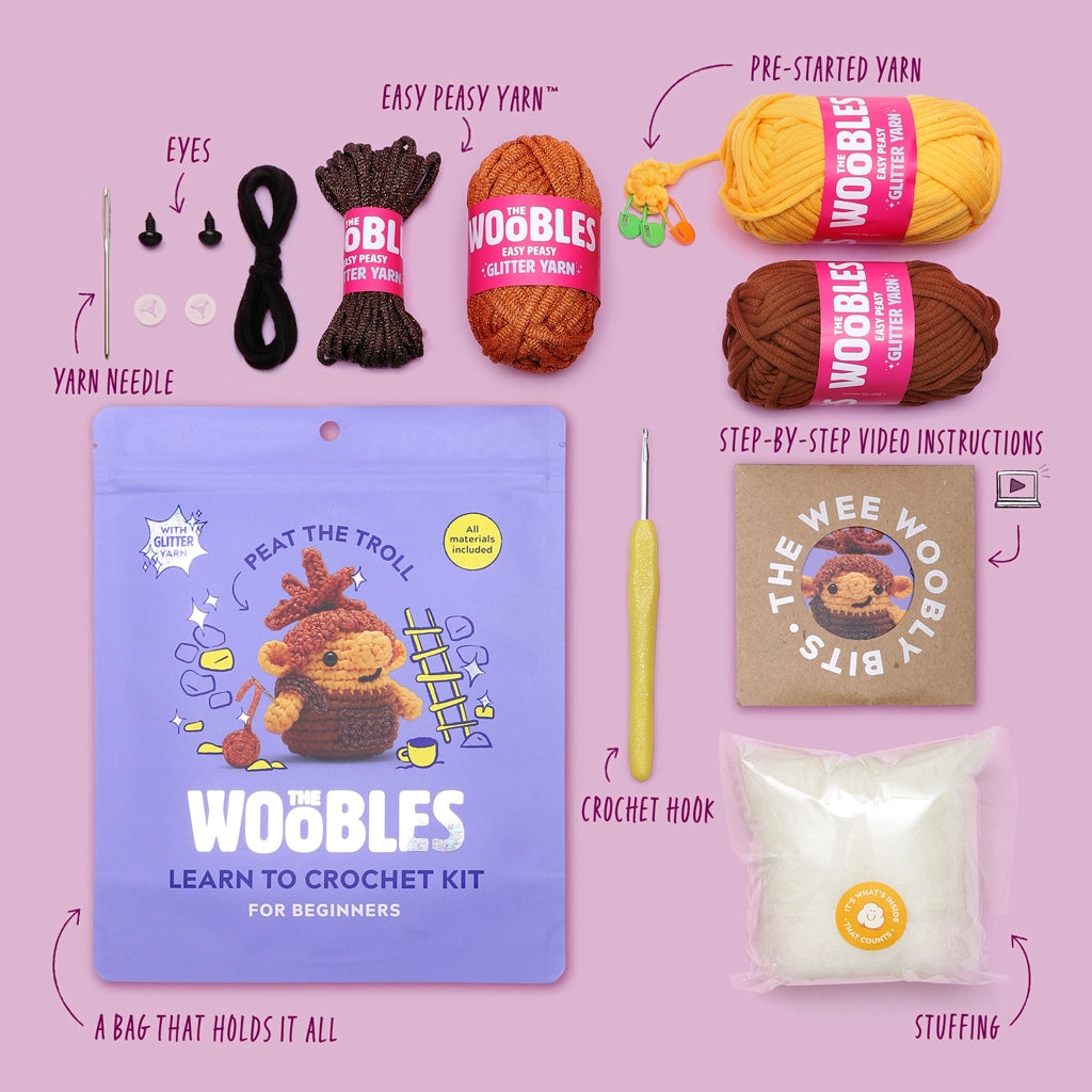 The Woobles Crochet Kit | Peat the Troll with yarn, hook, eyes, stuffing, needle, and video instructions for beginners.