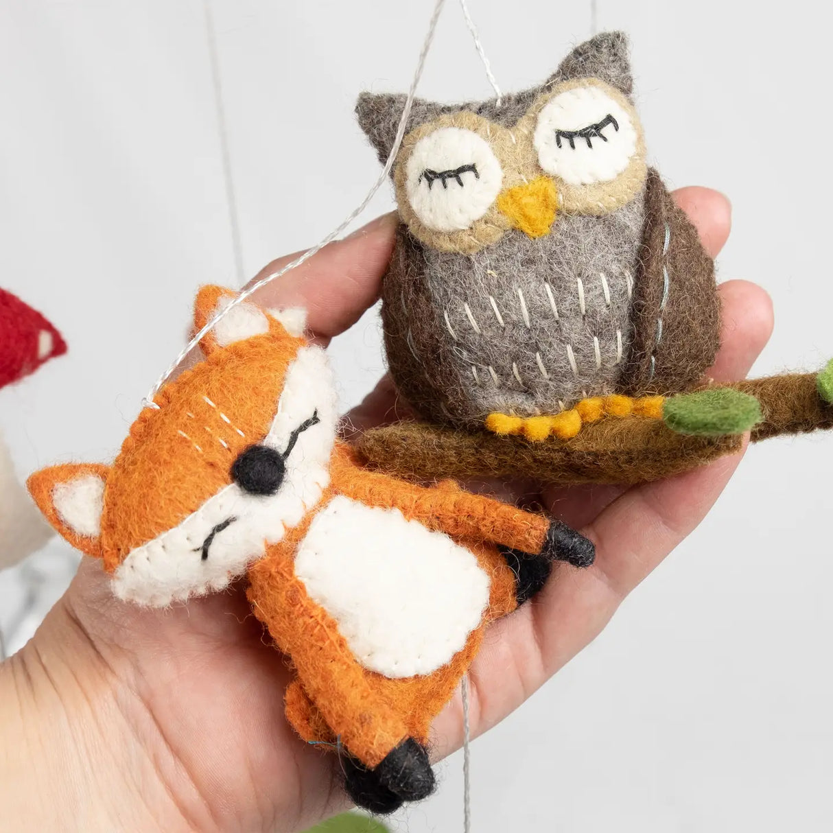 Felt Mobile | Forest Creatures with handmade wool fox and owl toys for nursery decor and baby gifts.