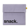 Reusable lavender-colored snack bag with hook and loop closure, made from organic and recycled materials.