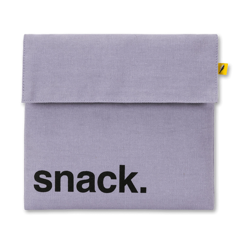 Reusable lavender-colored snack bag with hook and loop closure, made from organic and recycled materials.
