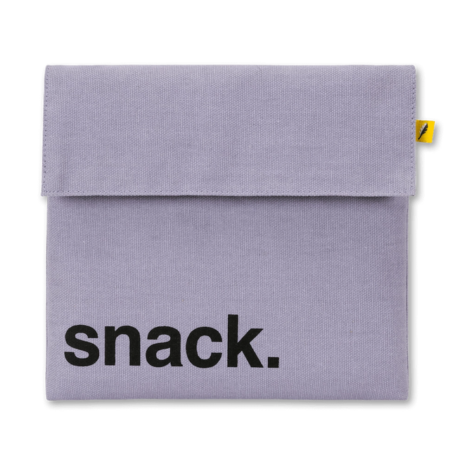 Reusable lavender-colored snack bag with hook and loop closure, made from organic and recycled materials.