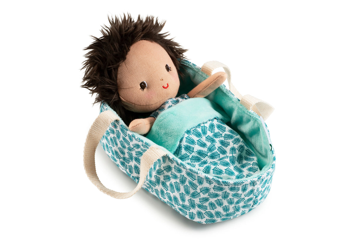 Baby & Carrier | Ari soft doll with brown hair in a teal patterned fabric carrier for imaginative play.