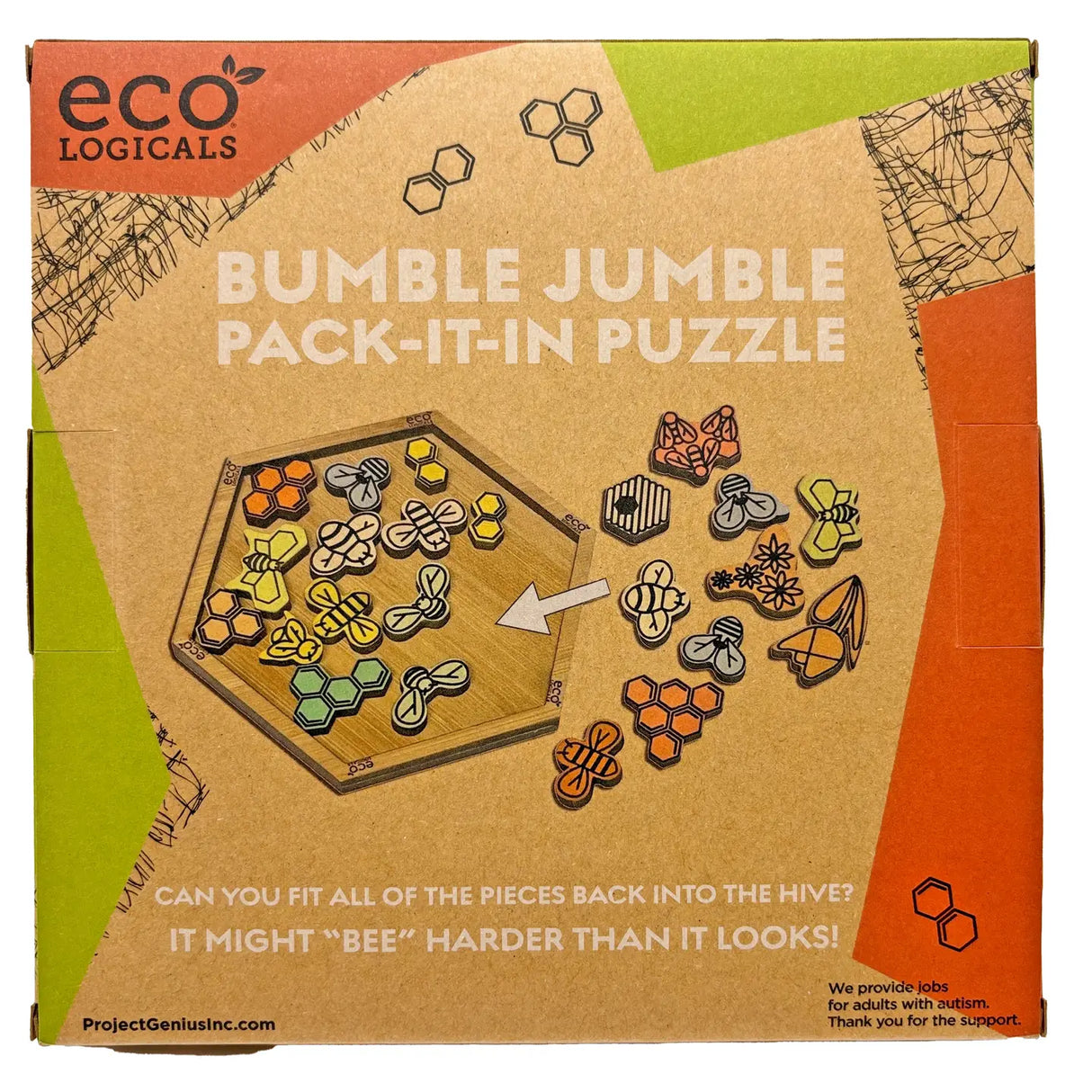 Eco-friendly bamboo puzzle with bee-shaped pieces to fit into a hexagonal hive board, designed for ages 8 and up.