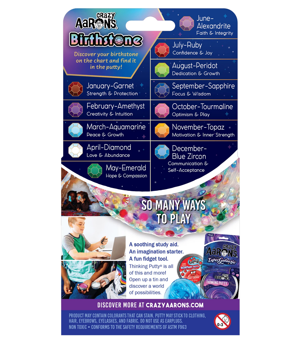 Trendsetters Birthstone Thinking Putty packaging showing birthstone colors and corresponding months with playful, colorful putty below.