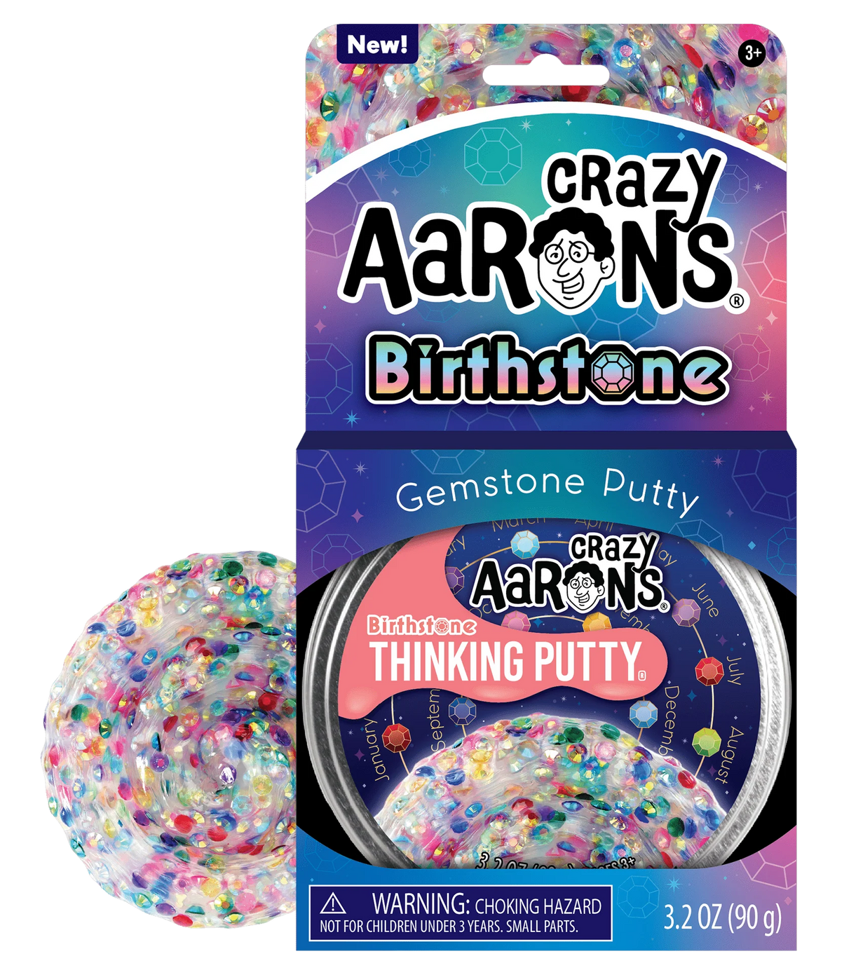 Trendsetters Birthstone Thinking Putty with colorful gemstone-like beads in a collectible Crazy Aaron’s package.