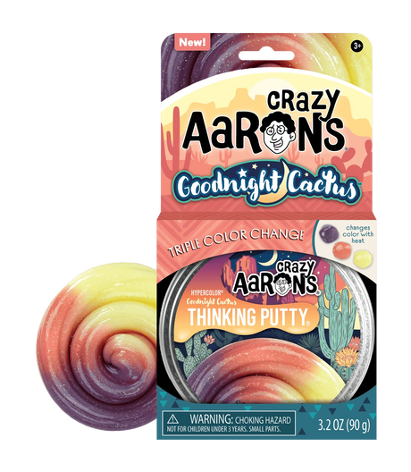Trendsetters Goodnight Cactus Thinking Putty showing vibrant purple, orange, and yellow colors mimicking a desert sunset.