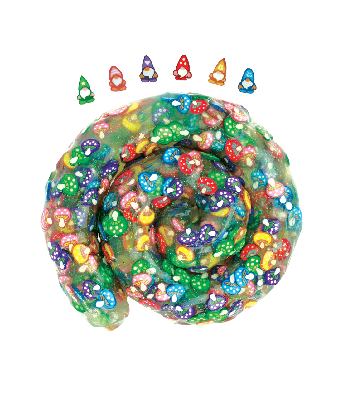 Swirled colorful mushroom patterned putty with six hidden gnome figures from Hide Inside! Gnome Home Thinking Putty product.