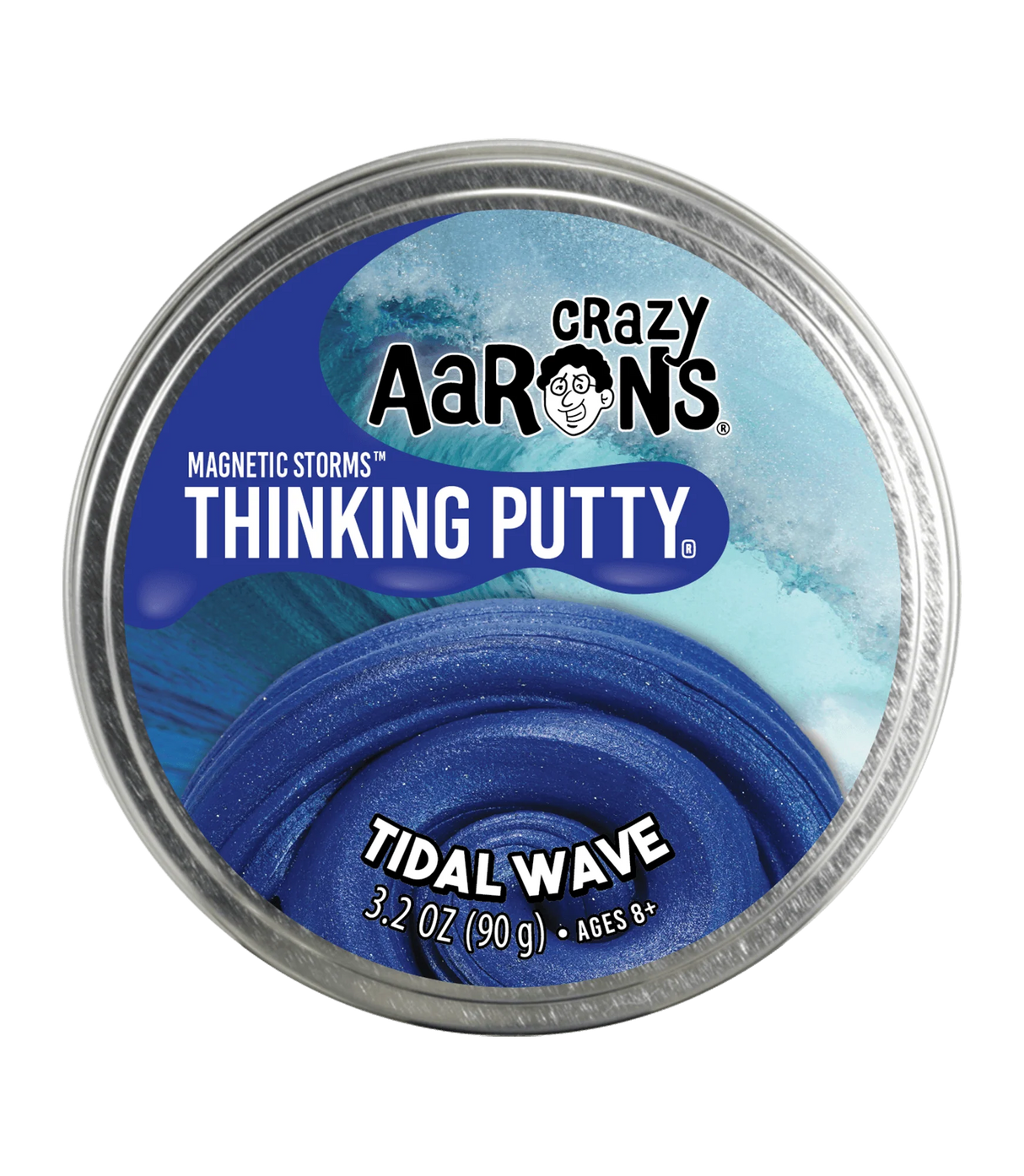 Magnetic Storms Tidal Wave Thinking Putty in iridescent blue with tidal wave design and ocean wave background.