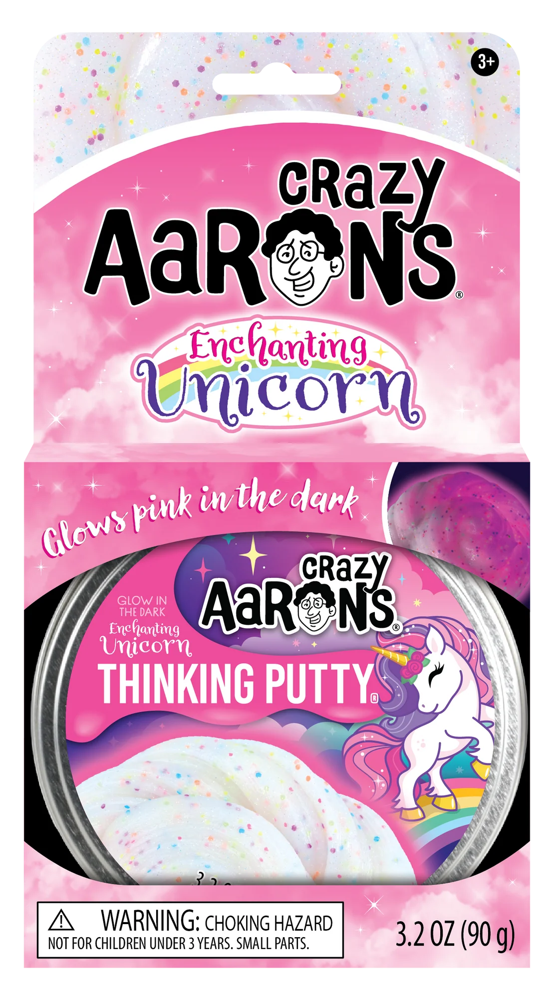 Crazy Aarons Enchanting Unicorn Thinking Putty with glowing pink, rainbow glitter, and soft, poppable texture in a tin