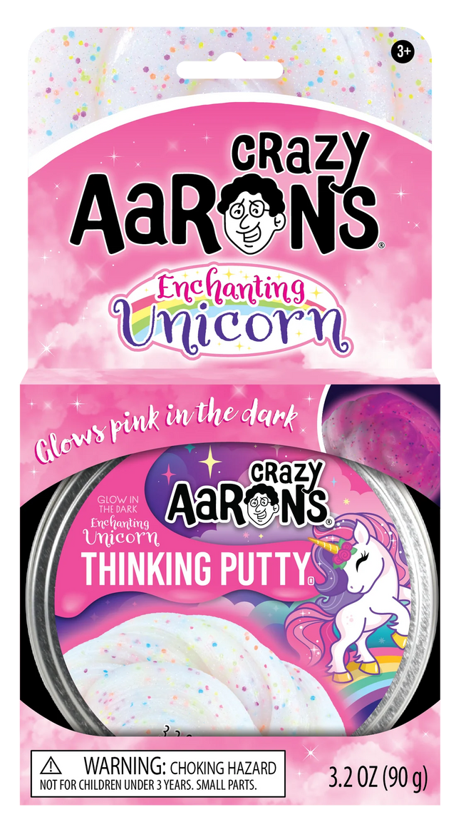 Crazy Aarons Enchanting Unicorn Thinking Putty with glowing pink, rainbow glitter, and soft, poppable texture in a tin