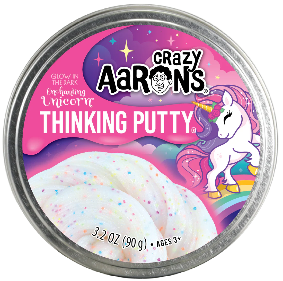 Round tin of white thinking putty with rainbow glitter and unicorn illustration on pink label