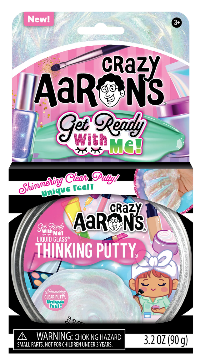 Crazy Aaron’s Liquid Glass Get Ready With Me Thinking Putty shimmering clear putty with pink and teal sparkles in a tin.