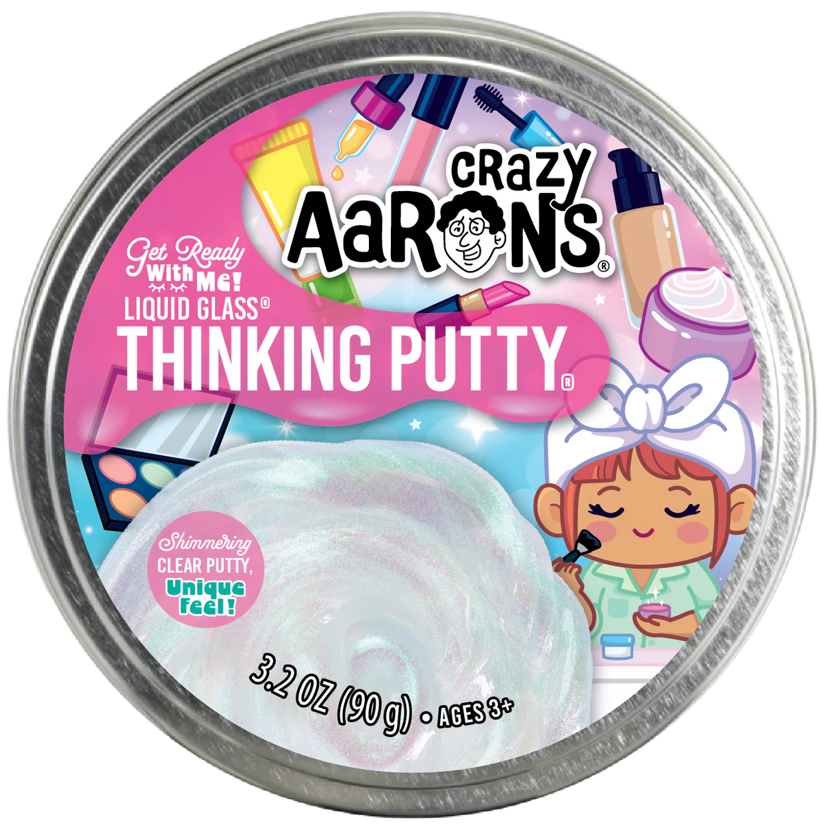 Liquid Glass Get Ready With Me Thinking Putty shimmering crystal-clear putty with pink and teal sparkles in tin.