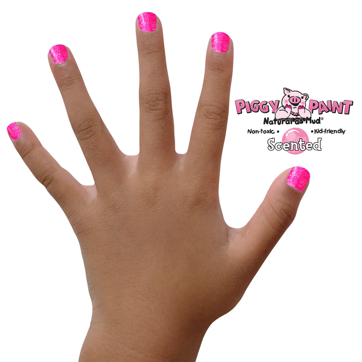 Hand with bright pink nails painted using Nail Polish Scented Bubble Gum Bash by Piggy Paint, kid-friendly and non-toxic.