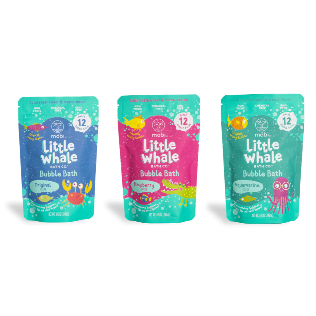Little Whale Bath Co Bubble Bath in Original, Raspberry, and Aquamarine, plant-based and skin-friendly foam bath powder.