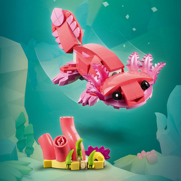 Creator Wild Animals: Pink Flamingo LEGO set featuring a posable pink axolotl toy with underwater plants.