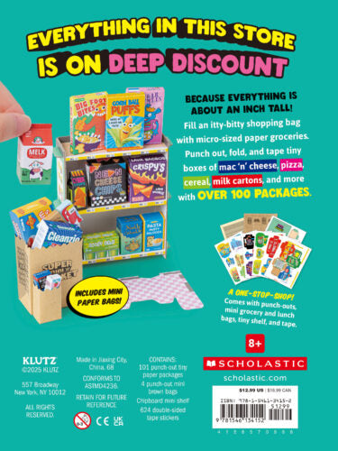 Super Mini Market papercraft kit with punch-out mini grocery packages including cereal and milk cartons display.