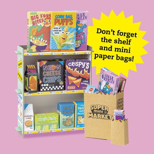 Super Mini Market papercraft with colorful mini grocery packages and display shelves, perfect for crafting and play.