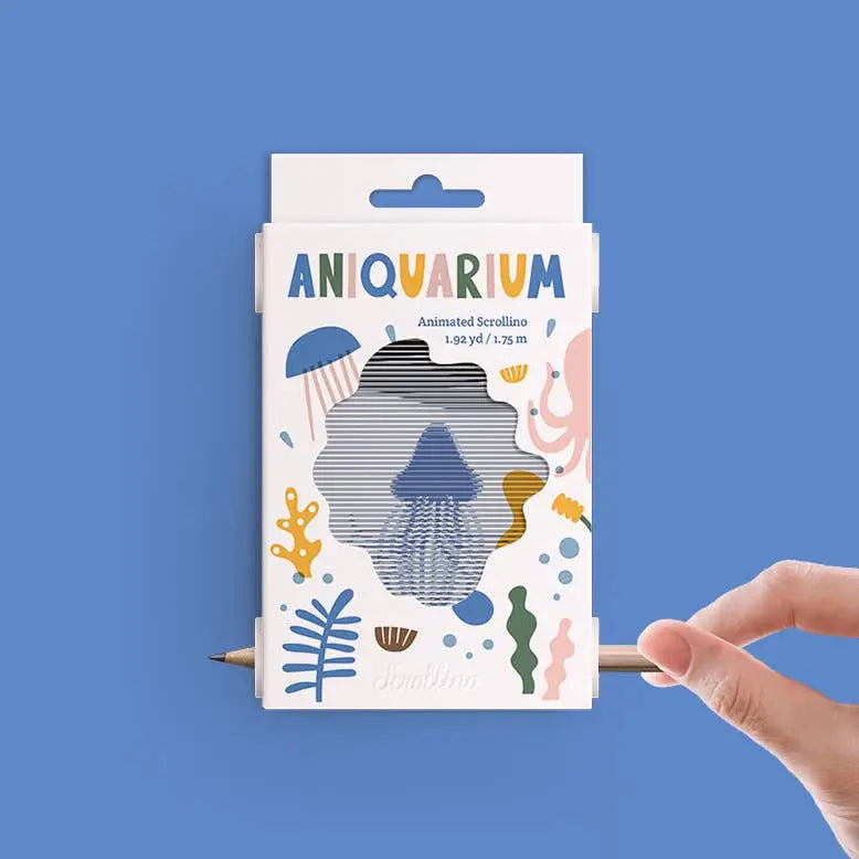 Scrollino Animated Picture Book | Aniquarium with colorful aquatic illustrations and hand-operated wooden pencil reel.
