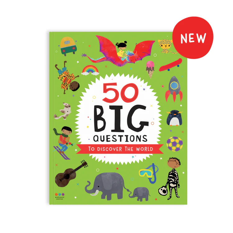 Cover of book titled "50 Big Questions to Discover the World". Features cartoon illustrations of kids and objects around the world.
