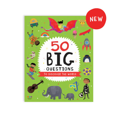 Cover of book titled "50 Big Questions to Discover the World". Features cartoon illustrations of kids and objects around the world.