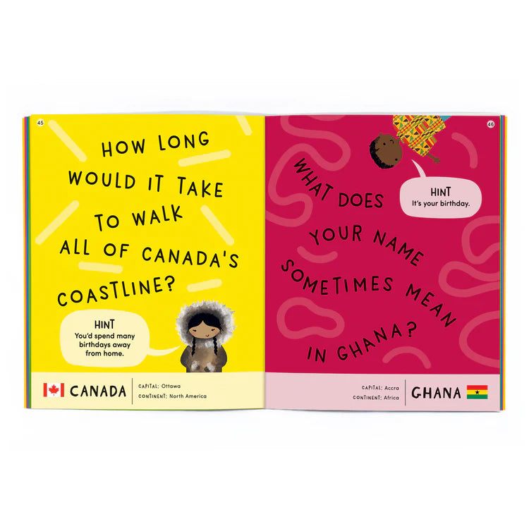 Open page of a book with bright colors and simple questions.