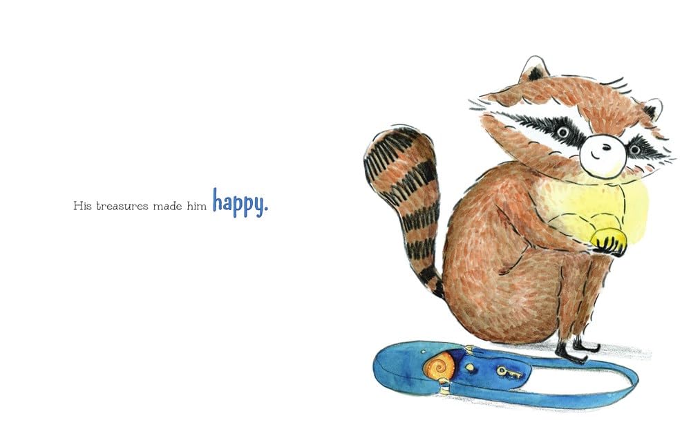 Robinson's New Thing features Robinson the raccoon happily holding a glowing treasure from his collection.