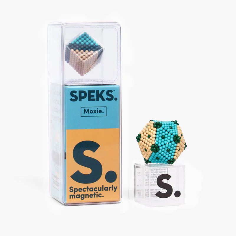 Speks. Bolds. Moxie magnetic balls with colorful matte coating and packaging for stress relief and creativity.