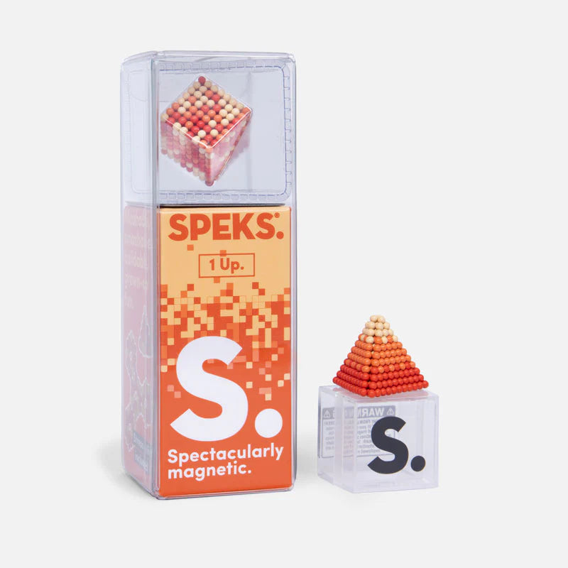 Speks. Pixel. 1 Up. colorful magnetic balls stacked into a pyramid with clear packaging displayed.