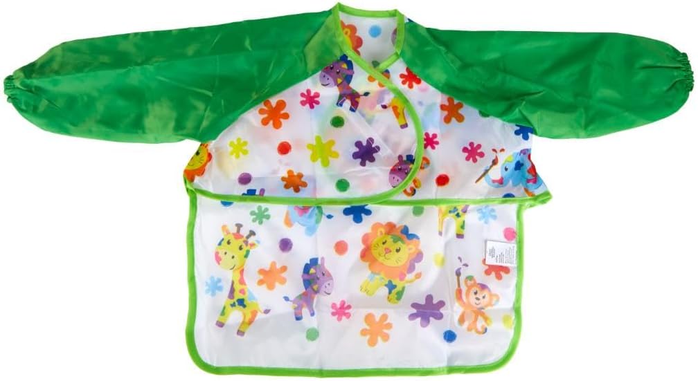 Young Kids Art Smock with colorful animal prints and green sleeves, protecting toddlers during painting and crafting activities.