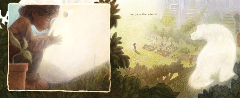 The Solar Bear picture book illustration showing a child glowing light and a white bear in a green, urban park setting.