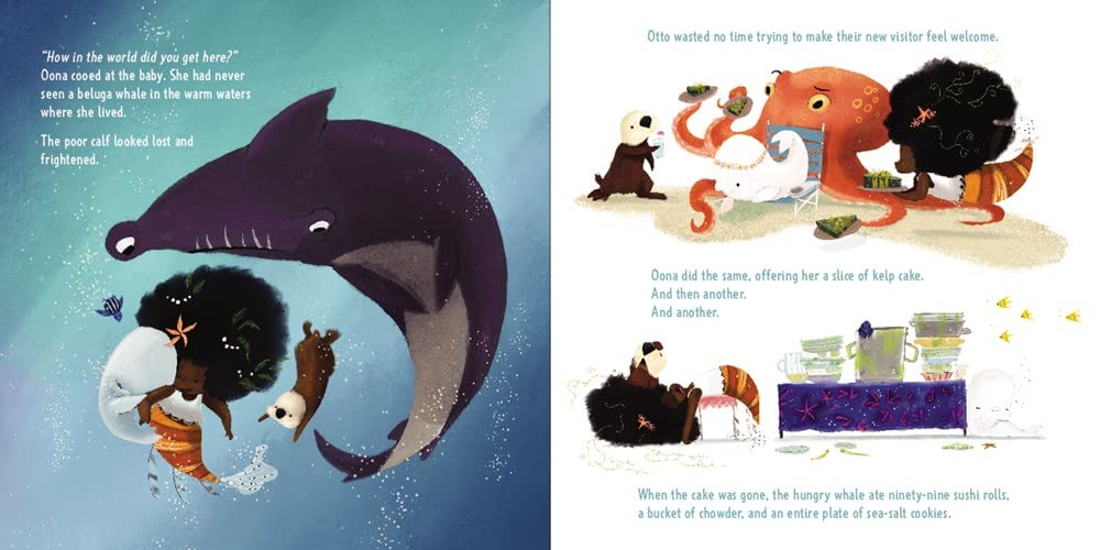 Oona in the Arctic shows a mermaid and baby beluga with ocean friends helping in a warm underwater scene.