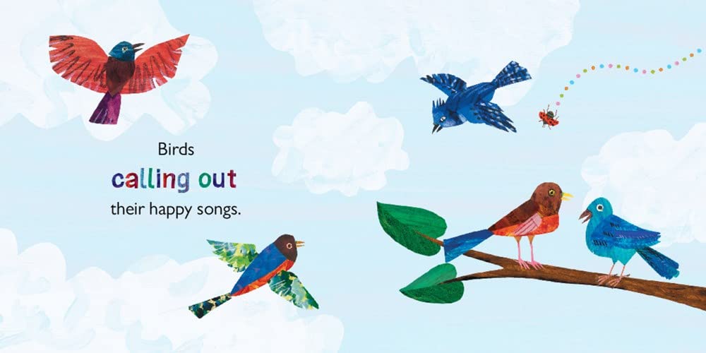 Illustration of colorful birds singing in the sky from the book Spring Sings for The Grouchy Ladybug by Eric Carle.