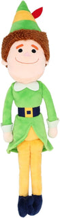 Buddy the Elf plush doll wearing a green outfit and hat, smiling with orange eyebrows and brown hair.