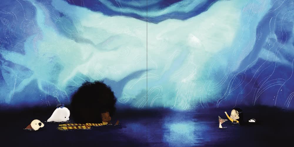 Illustration from Oona in the Arctic showing Oona the mermaid and baby beluga whale under swirling icy waters.
