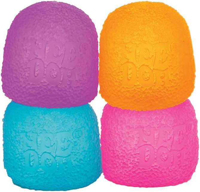NeeDoh Gumdrop in neon purple, orange, blue, and pink colors with a textured, squishy surface.