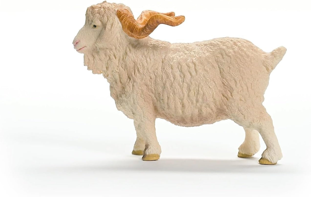 Angora Goat figurine with curly coat and curved horns standing on a white background, measuring about 3.5 x 2.7 inches.