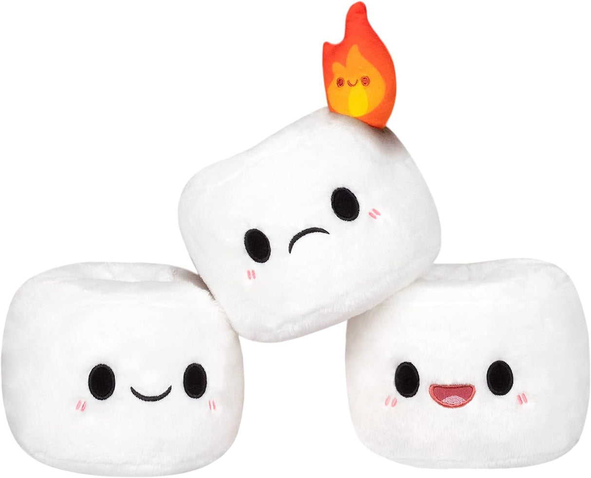 Marshmallow Stick Mini plush toy set with smiling marshmallows and a cute flame on top, soft polyester fiber.