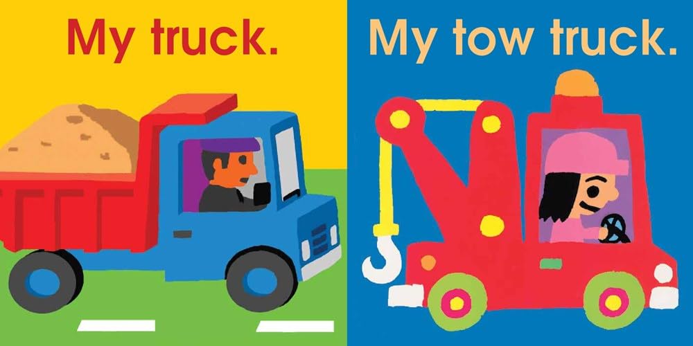 Colorful illustrations of a truck and a tow truck with drivers in the board book Beep! Beep! Vehicles on the Go.