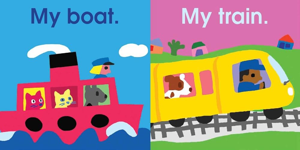 Beep! Beep! Vehicles on the Go board book pages showing a red boat with animals and a yellow train with a driver and dog.