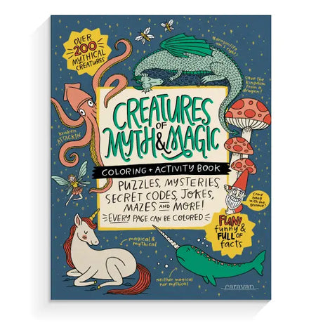 Coloring and activity book featuring over 200 mythical creatures with puzzles, jokes, mazes, and fun facts for kids.