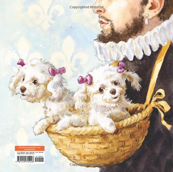 Illustration from Dogs: A History of Our Best Friends showing two small white dogs with bows in a basket held by a man in historical clothing.