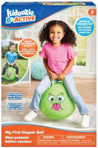 My First Hopper Ball with a smiling child bouncing indoors on a green hopper ball with easy-grip handles.