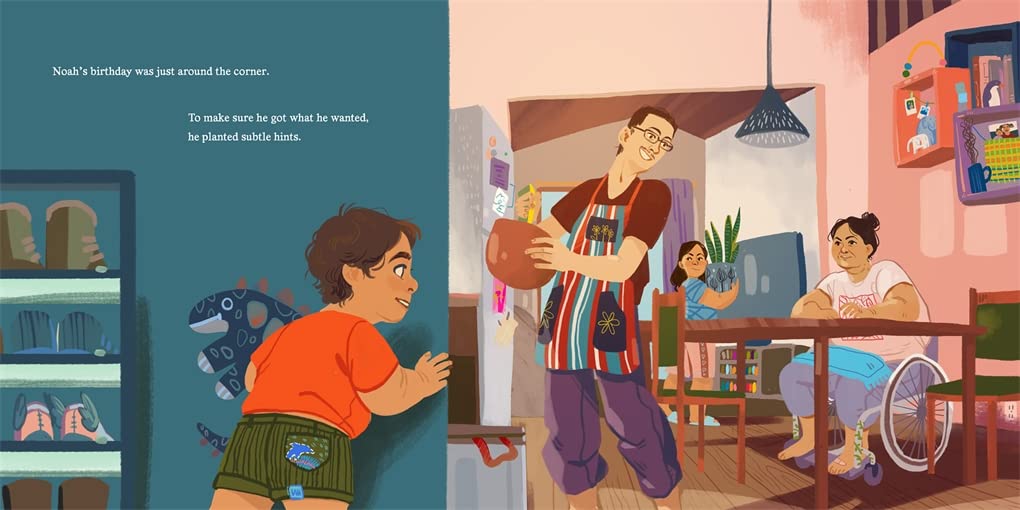 The Good Hair Day illustration showing a boy hinting to family about his birthday wish in a warm home setting.