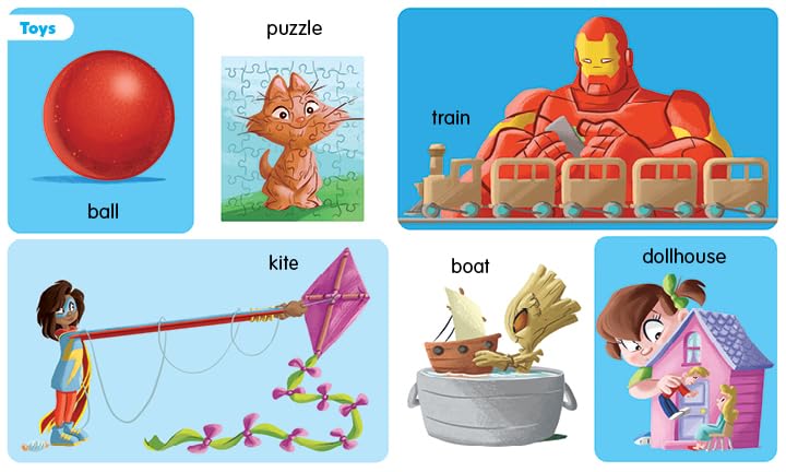 Marvel Beginnings: First 100 Words board book page showing colorful toys like ball, puzzle, train, kite, boat, and dollhouse.