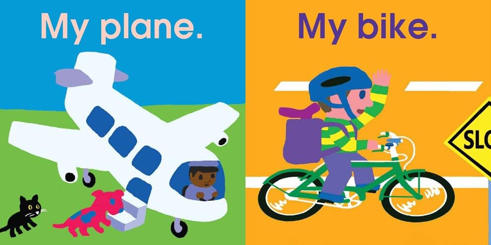 Beep! Beep! Vehicles on the Go shows a plane flying with animals and a child riding a bike wearing a helmet on the road.