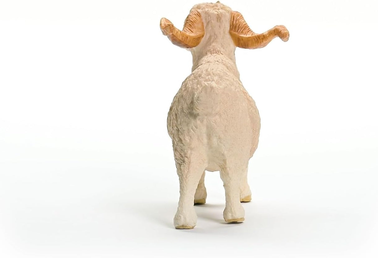 Angora Goat figurine showing back view with curved horns and textured silky coat in a friendly pose.