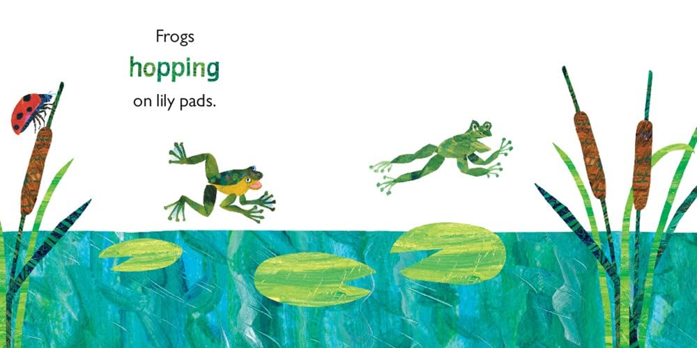 Illustration of frogs hopping on lily pads from the book Spring Sings for The Grouchy Ladybug by Eric Carle.
